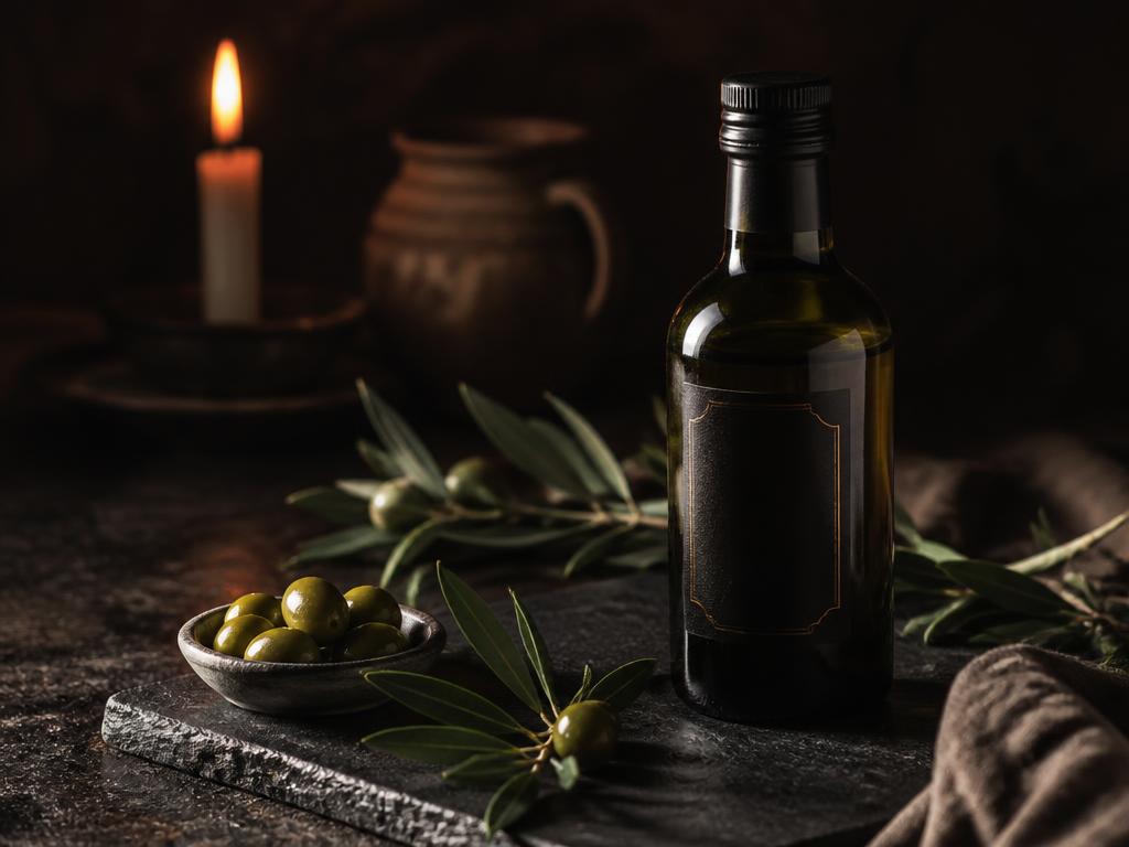 Bottle of Andalusian extra virgin olive oil by LaBiodiversa in candlelight
