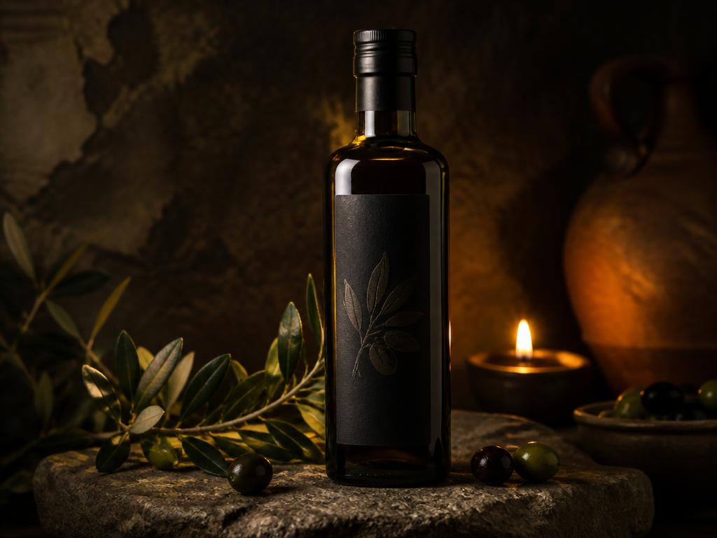 Bottle of Greek extra virgin olive oil by amfora in candlelight