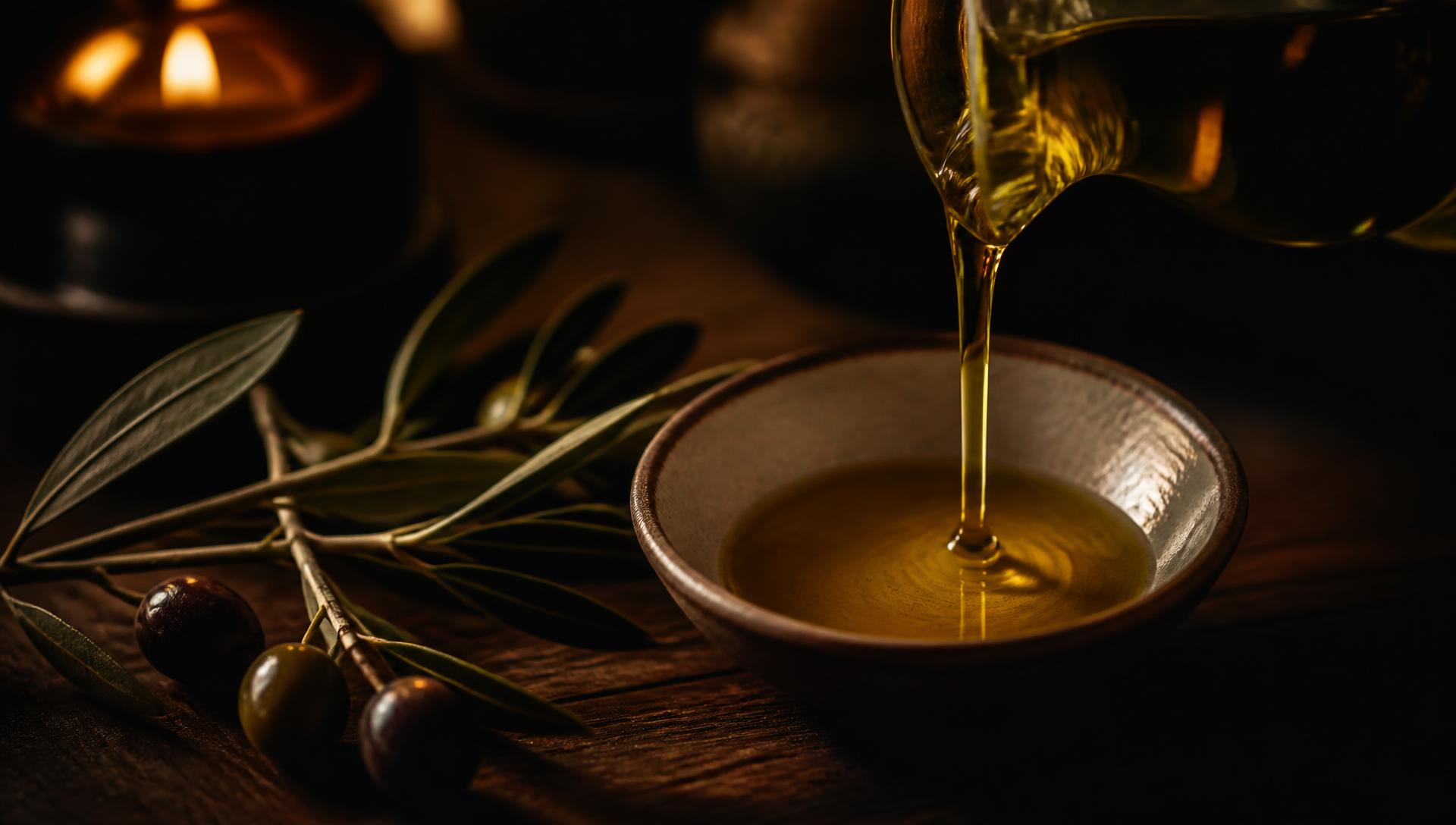 Golden extra virgin olive oil poured into a bowl by candlelight