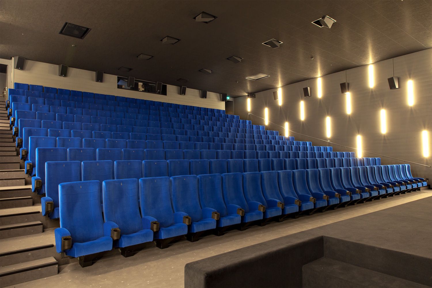 Rising rows of blue upholstered seats with cup holders, with the grey wall and its vertical lights on the right.